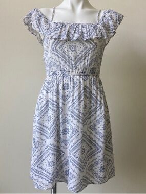 Confess Collection White & Blue Ruffle Off The Shoulder Sundress